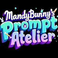 Logo MandyBunny's Prompt Atelier – verspieltes Schriftzug-Design in Türkis, Lila und Pink mit kleinen Symbolen