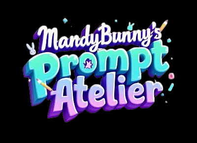 Logo MandyBunny's Prompt Atelier – verspieltes Schriftzug-Design in Türkis, Lila und Pink mit kleinen Symbolen